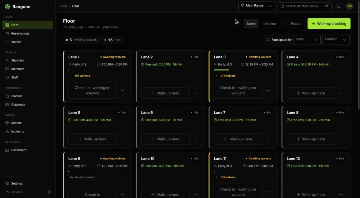 Rangune live floor board showing lane availability, parties, and outstanding waivers
